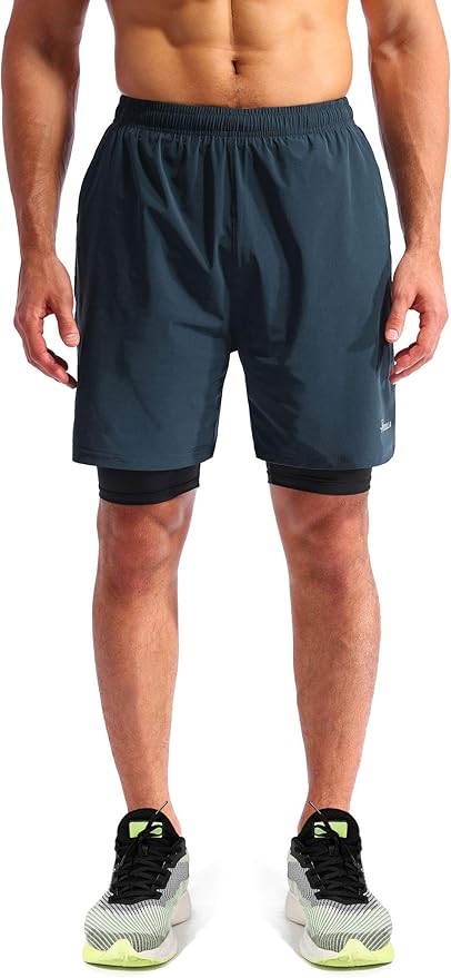 Pudolla Men’s 2 in 1 Running Shorts 5" Quick Dry Gym Athletic Workout Shorts for Men with Phone Pockets