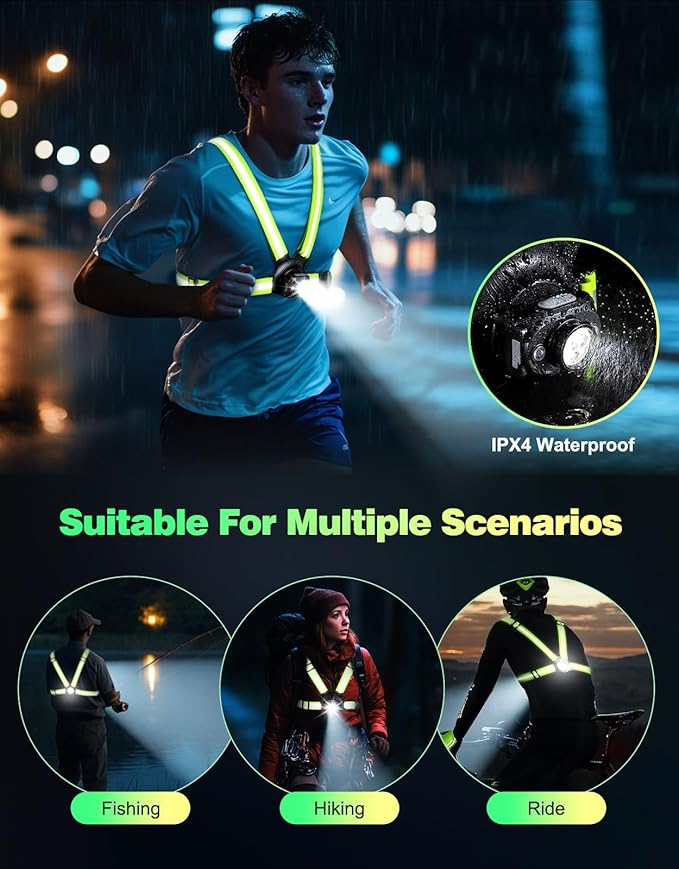 Running Lights for Runners, 500 Lumens Running Light with 45° Adjustable Tilt, 360° Reflective Vest & IPX4 Waterproof Rechargeable Light Up Gear for Night Walking/Cycling/Jogging/Hiking