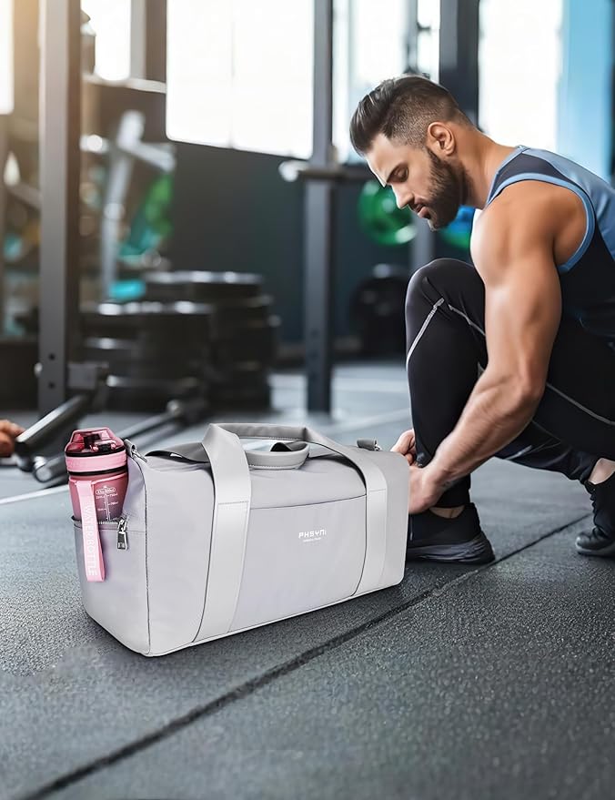 Gym Bag for Men and Women with Shoe Compartment & Wet Pocket - Duffle Bag for Travel Sports Fitness Workout Athletic, 19" Medium, Neutral Grey