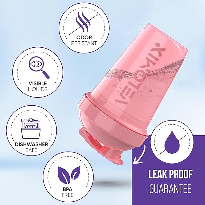 VELOMIX -2 Pack- 20 oz Protein Shaker Bottles for Protein Mixes - 2x Wire Whisk | Leak Proof Shaker Cups for Protein Shakes and Pre Workout | Protein Shaker Bottle Pack (K) Pink/Black