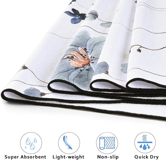 QiyI Floral Yoga Mat Towel with Corner Pockets, Non Slip Sweat Absorbent Hot Yoga Towels, Soft Yoga Blankets with Travel Bag, Mat Cover for Workout, Gym, Fitness - 70"x26", Watercolor Flowers