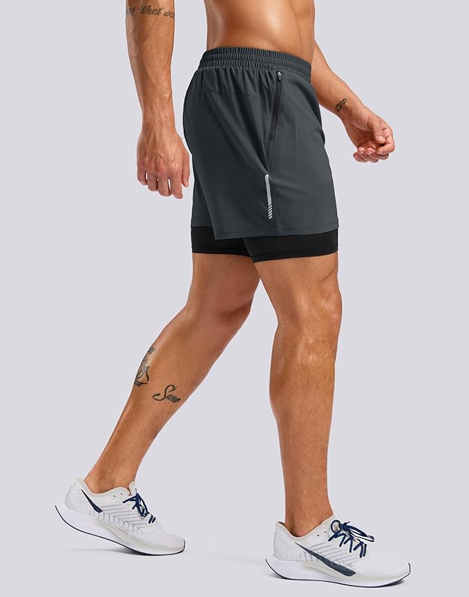 Pudolla Men's 7" Running Shorts with Zipper Pockets Quick Dry 2 in 1 Workout Gym Shorts with Liner for Tennis Yoga Training