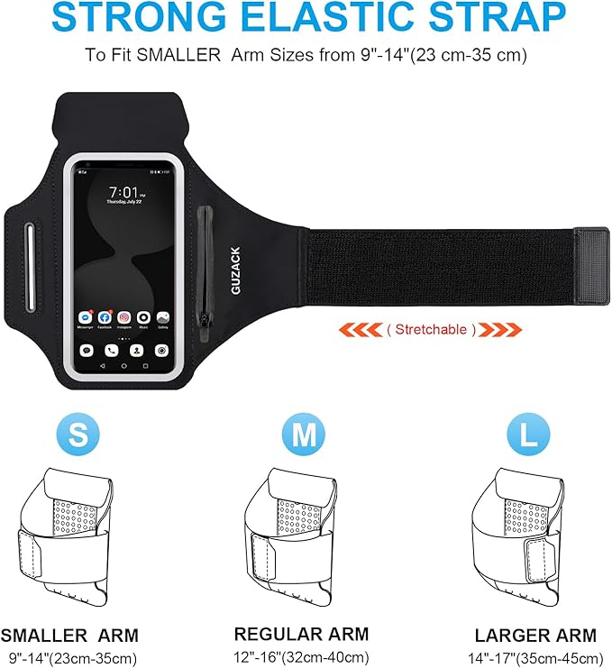 GUZACK Running Phone Holder with Zipper Pouch, Running Armband for iPhone 16 Pro/15/14/13/12/11 Pro Max/Plus/XR/XS, Galaxy S25/S24/S23/S22, Cell Phone Arm Holder with Card Slot - Size S