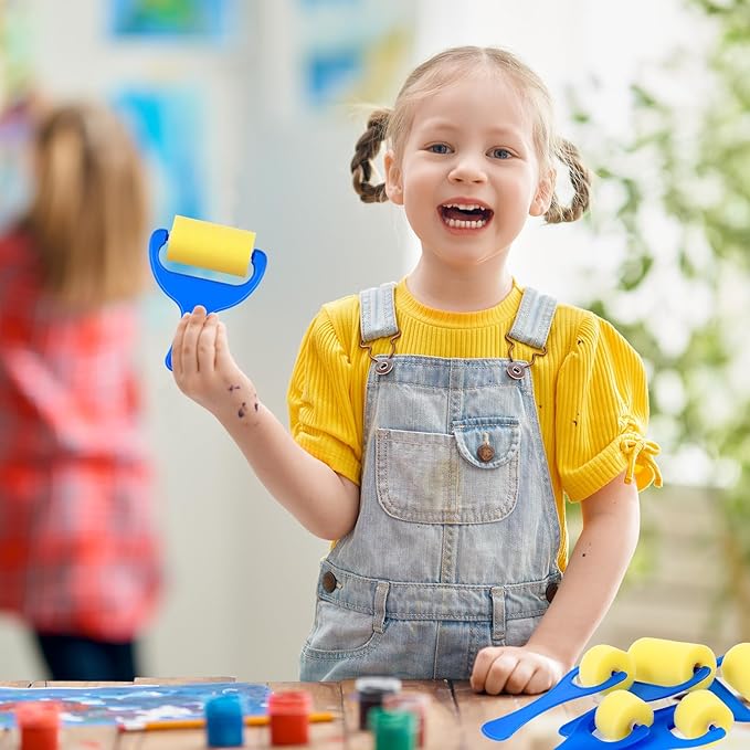 Tenceur 30 Pcs 3" Foam Paint Brushes for Kids Foam Paint Roller Small Sponge Roller with Blue Handle for Young Artists, Reusable & Washable Early Educational Supply for Crafts, Graffiti, DIY Art