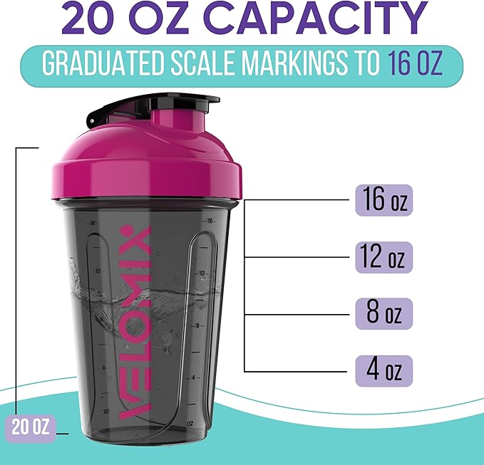 VELOMIX -2 Pack- 20 oz Protein Shaker Bottles for Protein Mixes - 2x Wire Whisk | Leak Proof Shaker Cups for Protein Shakes and Pre Workout | Protein Shaker Bottle Pack (Black/Pink)