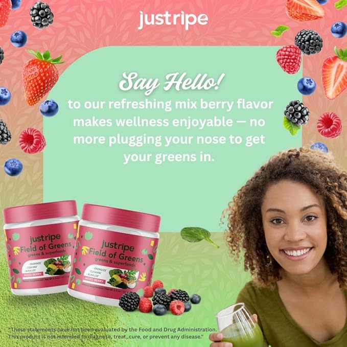 Field of Greens Superfood Powder with Organic Spirulina, Chlorella, Beet Root Powder - Bacillus Coagulans Probiotic, A Plant-Based Mix Supporting Gut Health, Immunity, 28 Scoops - Mixed Berry