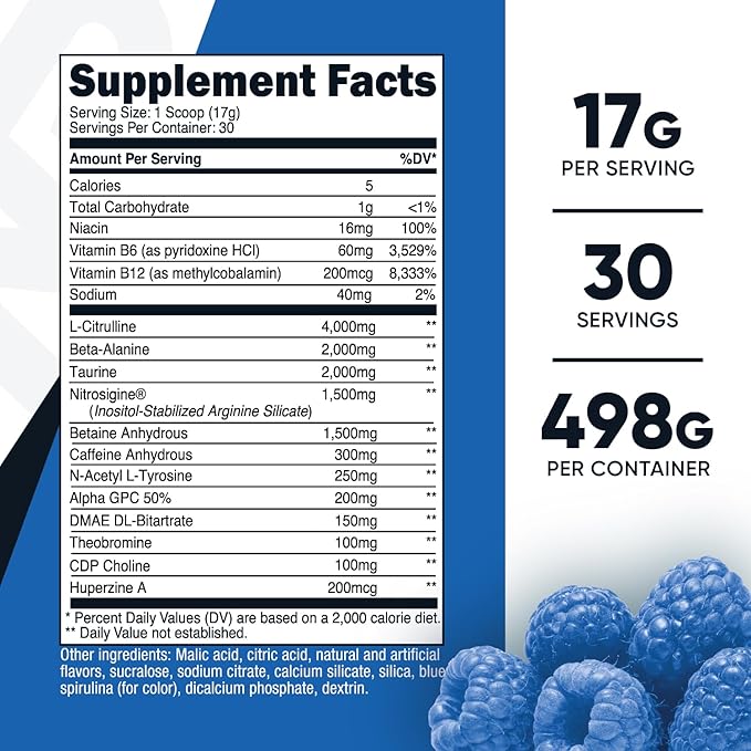 Nutricost Pre-X Xtreme Pre-Workout Powder Complex, Blue Raspberry, 30 Servings, Vegetarian, Non-GMO and Gluten Free