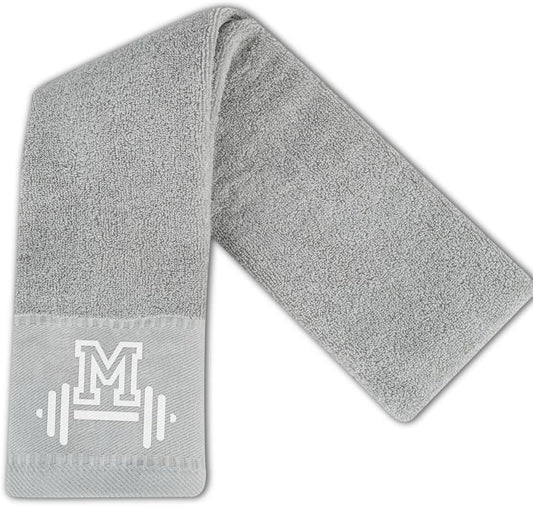 Gym Towel, Personalized Workout Gifts for Men, Women, Sports Lover, Exercise Fitness Gift for Gym Enthusiast on Birthday, Christmas, Soft and Absorbent Towel, Gray, Initial M
