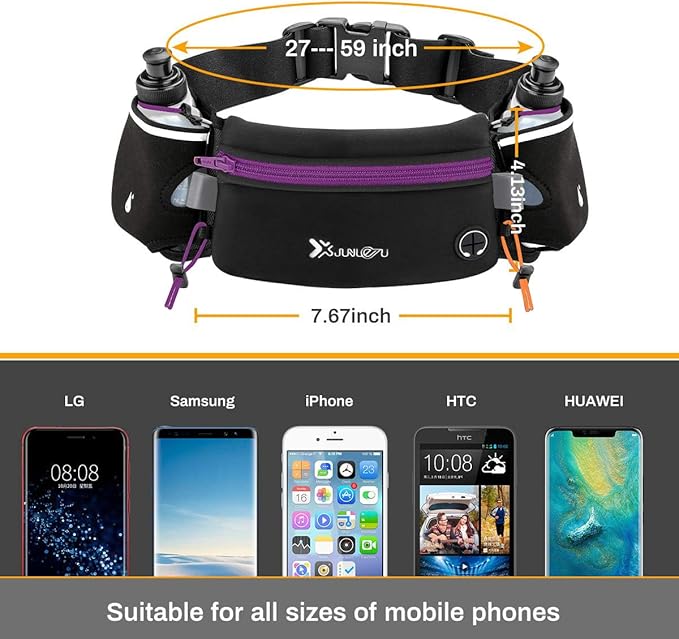 Running Belt with Water Bottles(2 x 175ML), Hydration Belt Waterproof Waist Pack Bag Fits iPhones Adjustable Sports Waist Pouch for Marathon Running Hiking Cycling, Purple