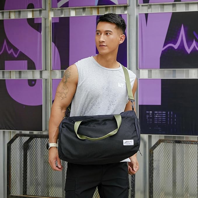 BE SMART Waterproof Mens Gym Bag with Shoe Compartment, Duffle Bag with Wet Pocket for Men, Lightweight Large Sport Duffel Bag With Tpu Pocket (Black/olive green with TPU pocket)