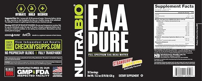 NutraBio – EAA Pure – 9 Amino Acids – Muscle Repair and Recovery, 30 Servings, Strawberry Lemon Bomb – Pre or Post Workout – All Day Recovery