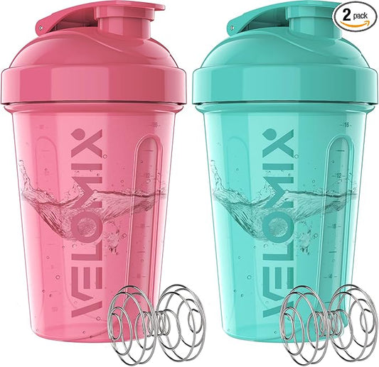 VELOMIX -2 Pack- 20 oz Protein Shaker Bottles for Protein Mixes - 2x Wire Whisk | Leak Proof Shaker Cups for Protein Shakes and Pre Workout | Protein Shaker Bottle Pack (Pink/Turquoise)