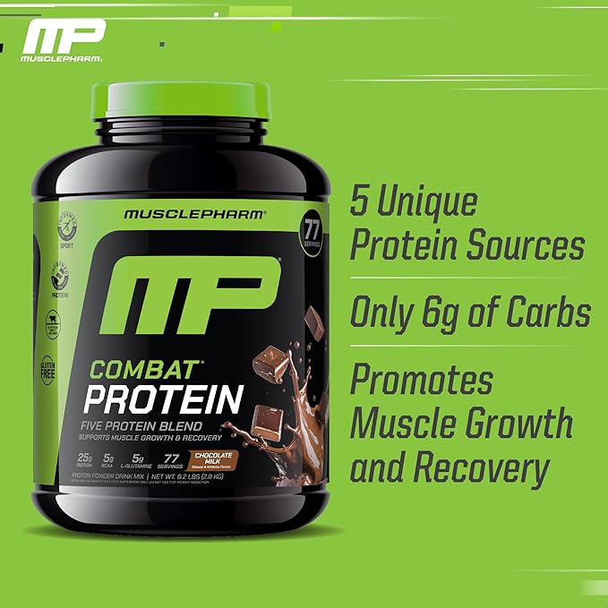 MusclePharm Combat Protein Powder, Chocolate Milk Flavor, Fuels Muscles for Productive Workouts, 5 Protein Sources Including Whey Protein Isolate & Egg Albumin, Gluten Free, 6.2 lb, 77 Servings