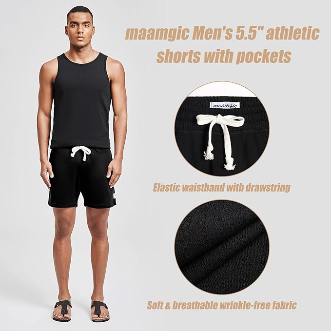 maamgic Mens Athletic Gym Shorts 5.5" Elastic Waist Casual Pajama Pocket Jogger Men Workout Short Pants