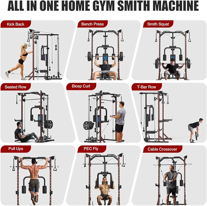 FAGUS Smith Machine Home Gym Power Cage with Pulley System, Space Saving Design Squat Rack with Full Body Strength Training Attachments, PEC Station & Fixed Cable Crossover Optional