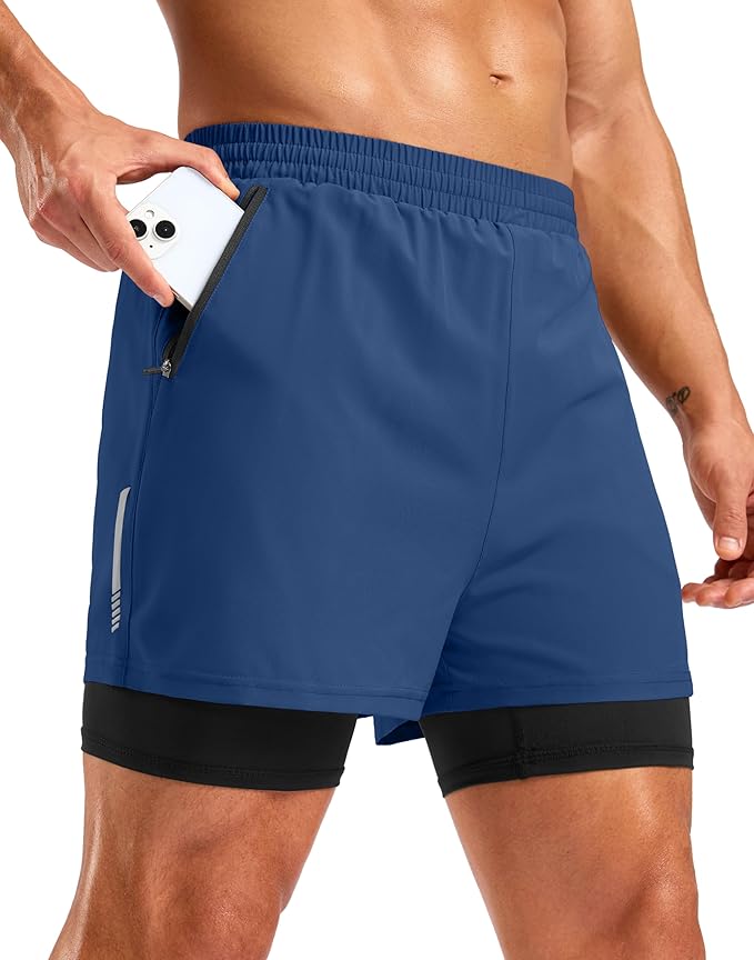 Pudolla Men's 7" Running Shorts with Zipper Pockets Quick Dry 2 in 1 Workout Gym Shorts with Liner for Tennis Yoga Training