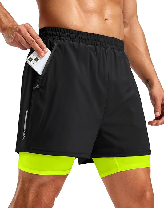 Pudolla Men's 7" Running Shorts with Zipper Pockets Quick Dry 2 in 1 Workout Gym Shorts with Liner for Tennis Yoga Training