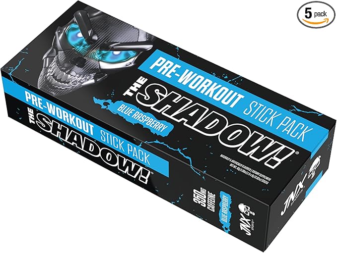 JNX SPORTS The Shadow! High Stim Preworkout - Blue Raspberry 5 Servings | 350mg of Caffeine, Electric Energy, Mental Focus & Superhuman Strength for Men & Women