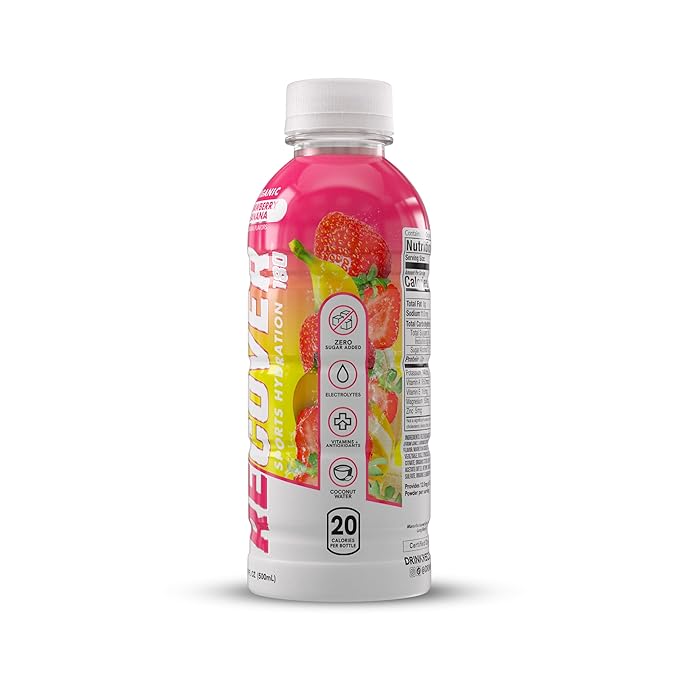 RECOVER 180 Organic Sports Hydration Drink, No Sugar Added, 20 Calorie Sports Beverage, Organic Flavors With Vitamins, Potassium-Packed Electrolytes (16.9 Fl Oz (Pack of 12), Strawberry Banana)