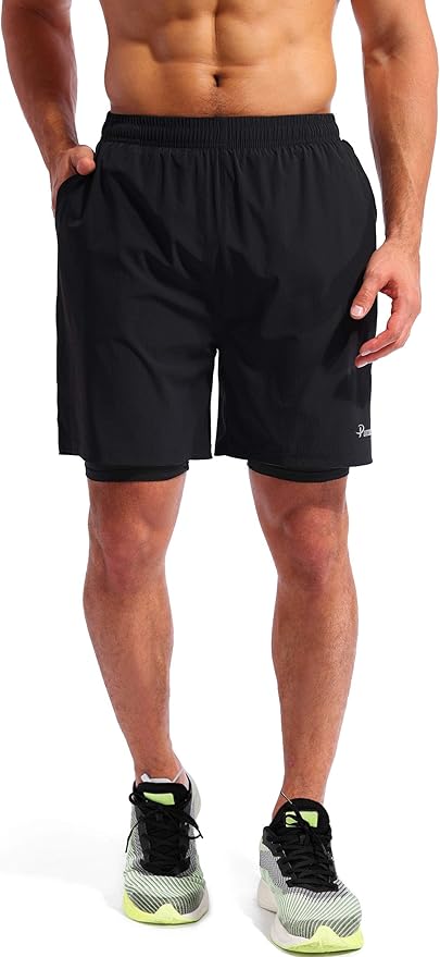 Pudolla Men’s 2 in 1 Running Shorts 5" Quick Dry Gym Athletic Workout Shorts for Men with Phone Pockets