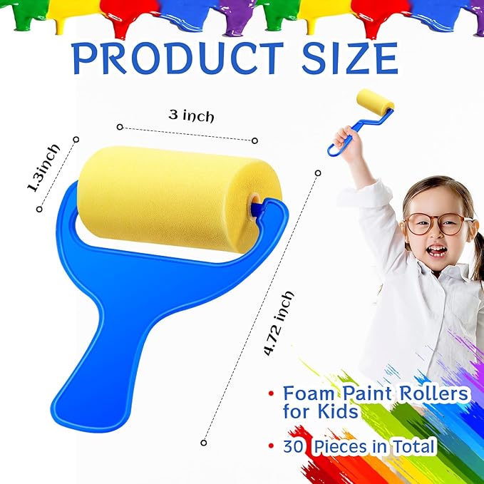 Tenceur 30 Pcs 3" Foam Paint Brushes for Kids Foam Paint Roller Small Sponge Roller with Blue Handle for Young Artists, Reusable & Washable Early Educational Supply for Crafts, Graffiti, DIY Art