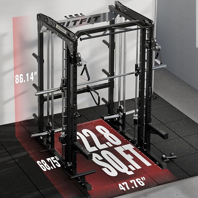 RitFit M2 Smith Machine with with Cable Crossover System, 3D Functional Trainer & Power Cage, 16 Adjustment Holes, 6 Storage Pegs for Full-Body Home Gym