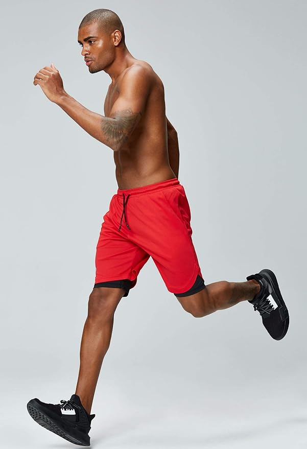 Pinkbomb Men's 2 in 1 Running Shorts Gym Workout Quick Dry Mens Shorts with Phone Pocket