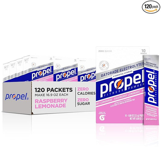 Propel Electrolyte Enhanced Water Drink Mix Powder Packets, Raspberry Lemonade, Zero Calorie & Zero Sugar Hydration with Electrolytes and Vitamins C & E (120 Packets)