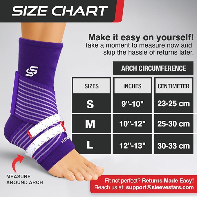 Sleeve Stars Ankle Brace for Women & Men, Ankle Wrap for Sprained Ankle, Compression Sleeve for Plantar Fasciitis Relief, Easy Customizable Support: w/Removable Strap (Single/S:9"-10"/Dark Purple)