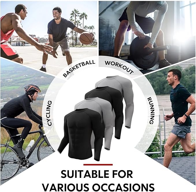 CL convallaria 4 Pack Compression Shirts Men Long Short Sleeve Cooling Dry Rash Guard Athletic Workout T Shirt for Sports