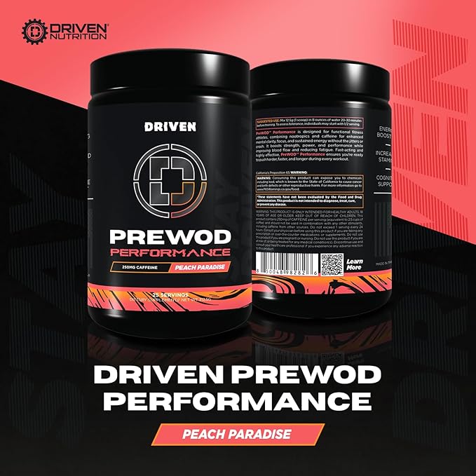 Driven PREWOD Energy Drink Powder, 25 Servings - Pre-Workout Supplement wit- Boosts Energy, Focus, Strength, & Endurance for High-Intensity Training (Performace, Peach Paradise)