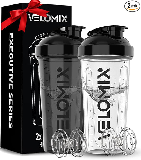 VELOMIX -2 Pack- 28 oz Protein Shaker Bottles for Protein Mixes - 2x Wire Whisk | Leak Proof Shaker Cups for Protein Shakes and Pre Workout | Protein Shaker Bottle Pack (Gift Box)