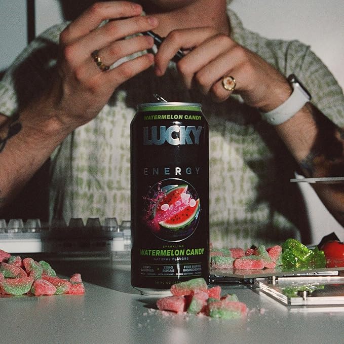 Lucky Energy Sugar Free Energy Drinks, Watermelon Candy, 16oz Cans (12-Pack) Healthy, Zero Sugar Energy Drink with Maca, Ginseng, Beta-Alanine, Taurine & 200mg Caffeine