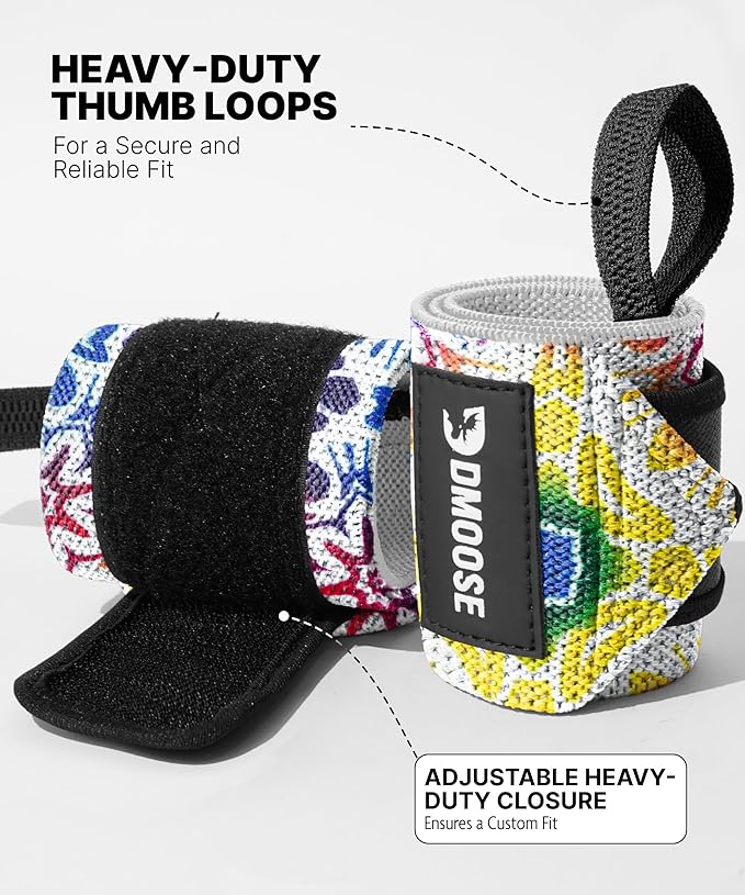 DMoose Fitness Wrist Wraps for Weightlifting 18" - Heavy Duty Gym Wrap with Hand Thumb Loop for Support & Pain Relief, USPA Approved Powerlifting, Weight Lifting Wrist Straps for Men & Women Work Out