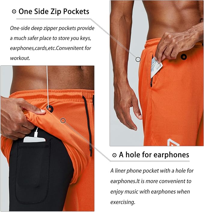 Pinkbomb Men's 2 in 1 Running Shorts Gym Workout Quick Dry Mens Shorts with Phone Pocket