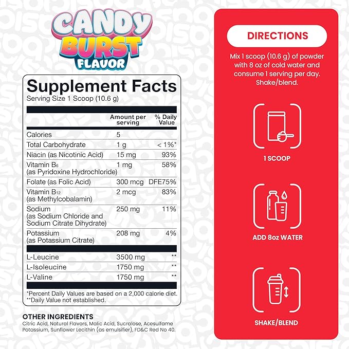 BCAA Powder, Instantized Formula with 7g BCAAs, 2:1:1 Ratio, 450mg of Electrolytes, Sugar-Free, Vegan, Gluten-Free, Supports Muscle Recovery