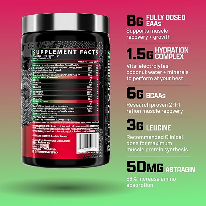 Nutrex Research EAA Hydration | EAAs + BCAAs Powder | Muscle Recovery, Strength, Muscle Building, Endurance | 8G Essential Amino Acids + Electrolytes | Apple Pear 30 Servings