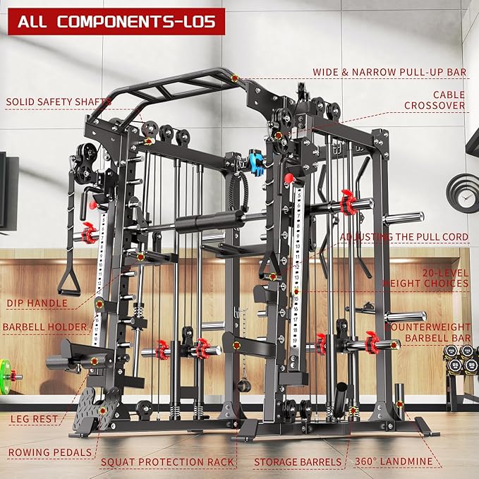 Smith Machine with Cable Crossover System, Multi-Function Squat Rack Power Cage for Home Gym, Power Rack and Packages Weight Sets