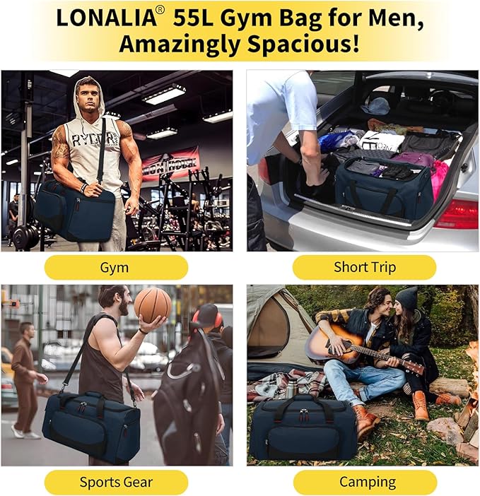 55L Large Sports Duffle Bag for Men - 22 inch Men's Gym Bag Heavy Duty Duffel Bag (Navy Blue)