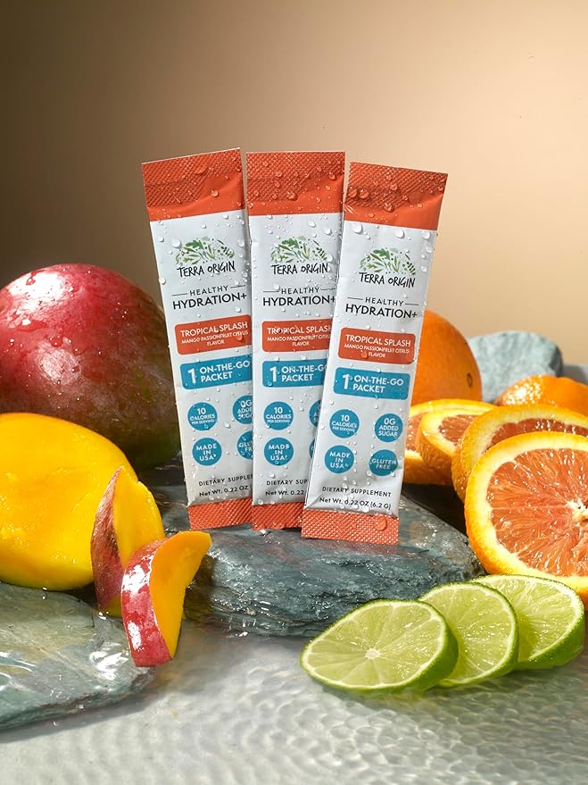 TERRA ORIGIN Healthy Hydration+ Tropical Splash Electrolyte Powder Packets | After Alcohol Aid with DHM | Mango Passionfruit Citrus Flavor | 30 On The Go Packs