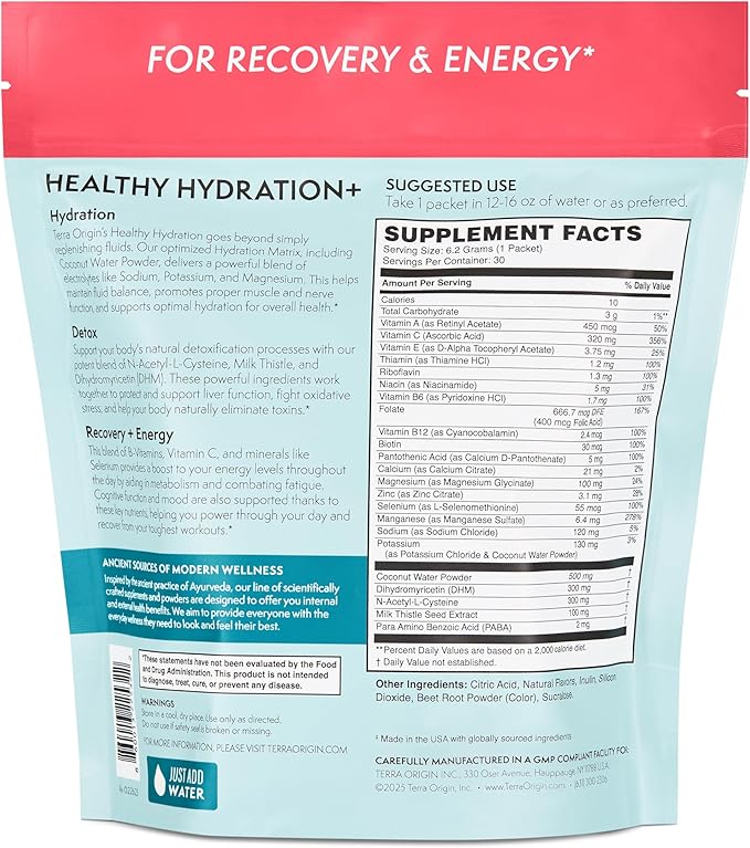 TERRA ORIGIN Healthy Hydration+ Weekend Recovery | 30 Packets | Zero Sugar Powder Drink for Energy and Recovery | Lemonberry Wave