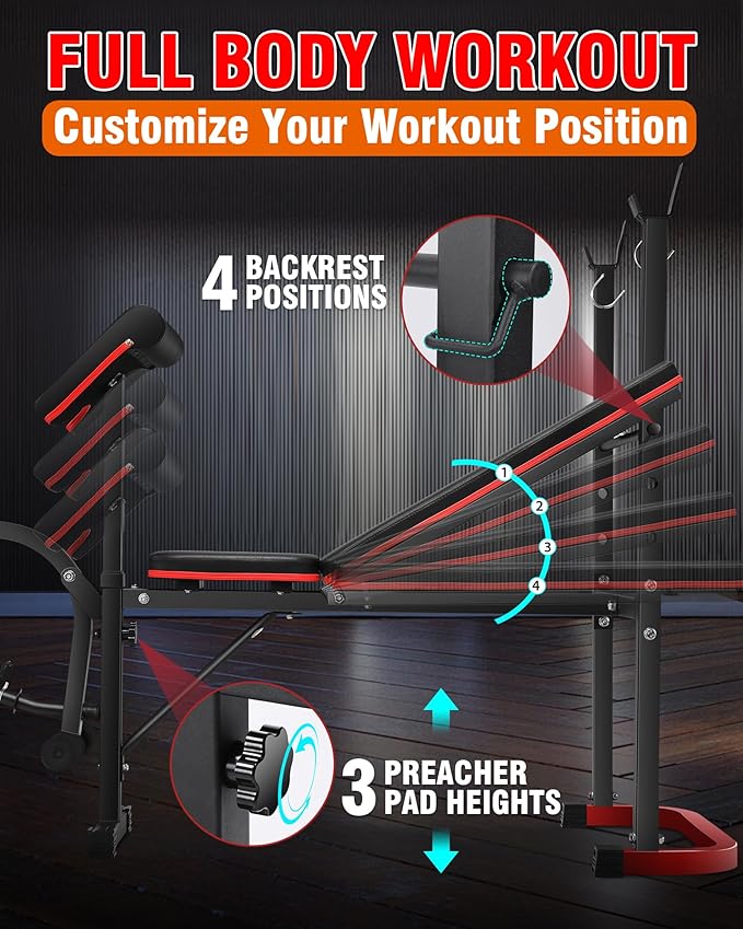 Standard Weight Bench Set with Leg Extension and Leg Curl, 660 LBS Adjustable Bench Press Set with Preacher Curl Pad, Flat Incline Workout Bench for Home Gym, Strength Training Machine for Teens