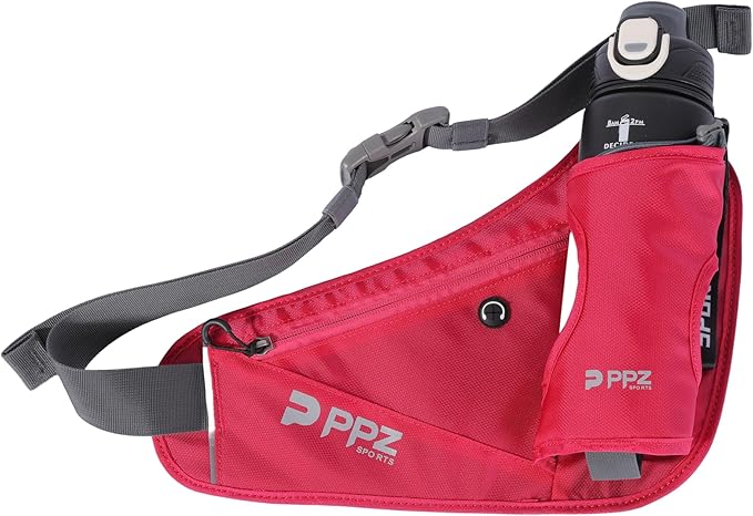PPZ sports waist bag with bottle rack, waterproof, 2 pockets, adjustable belt - suitable for running, fitness, jogging and outdoor activities (pink)