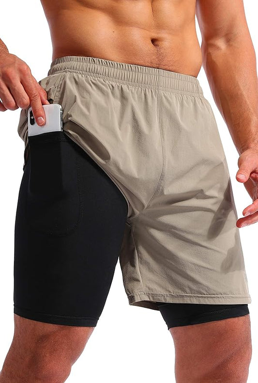 Pudolla Men’s 2 in 1 Running Shorts 5" Quick Dry Gym Athletic Workout Shorts for Men with Phone Pockets