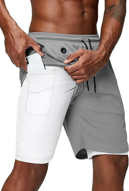 Pinkbomb Men's 2 in 1 Running Shorts Gym Workout Quick Dry Mens Shorts with Phone Pocket