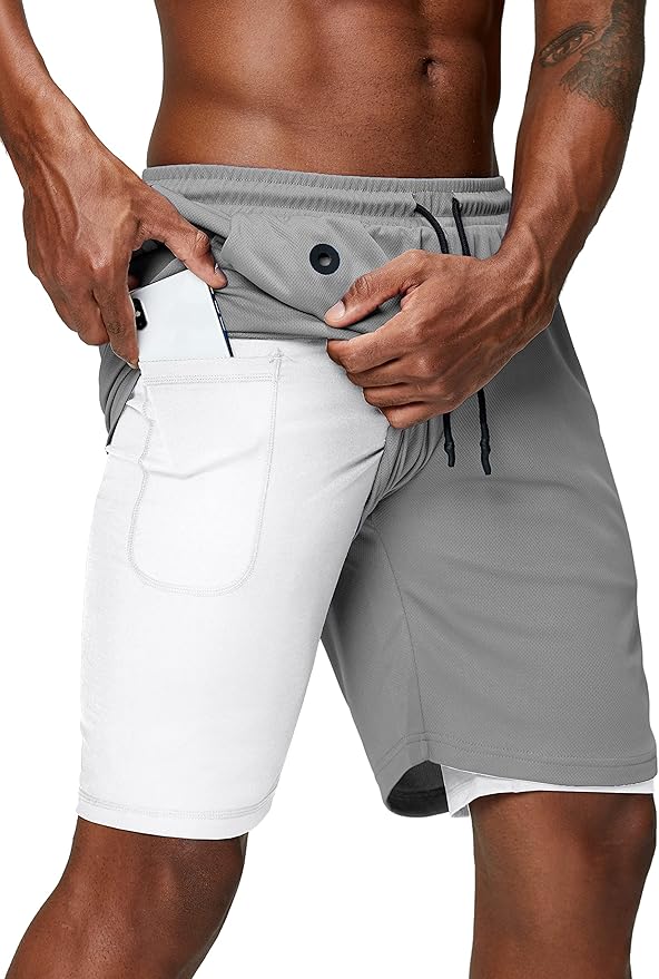 Pinkbomb Men's 2 in 1 Running Shorts Gym Workout Quick Dry Mens Shorts with Phone Pocket