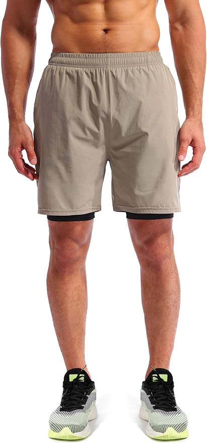 Pudolla Men’s 2 in 1 Running Shorts 5" Quick Dry Gym Athletic Workout Shorts for Men with Phone Pockets