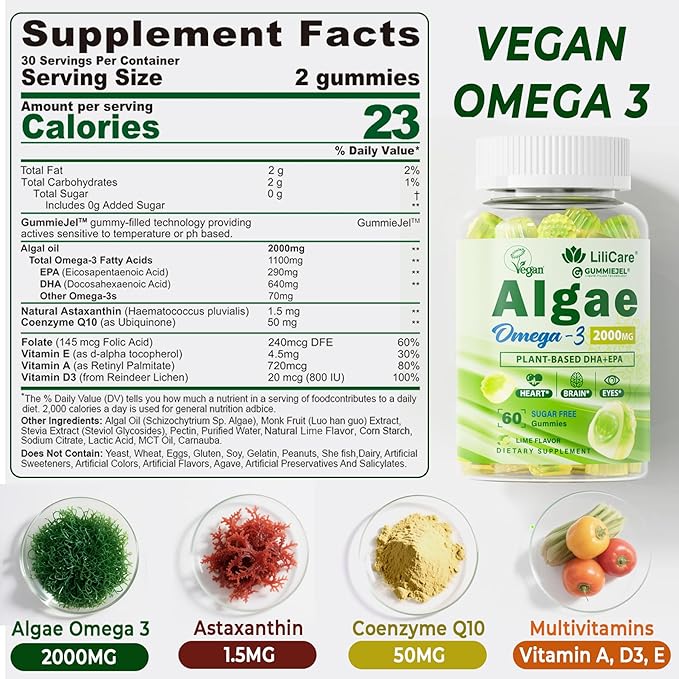 Omega 3 Gummies 2200mg from Algae Oil (DHA 640mg & EPA 290mg) for Women & Men, Vegan Omega 3 Fish Oil Alternative, w/CoQ10, Astaxanthin, Vitamin A, E, D3 for Brain, Eye, Antioxidant,Sugar Free 2Packs