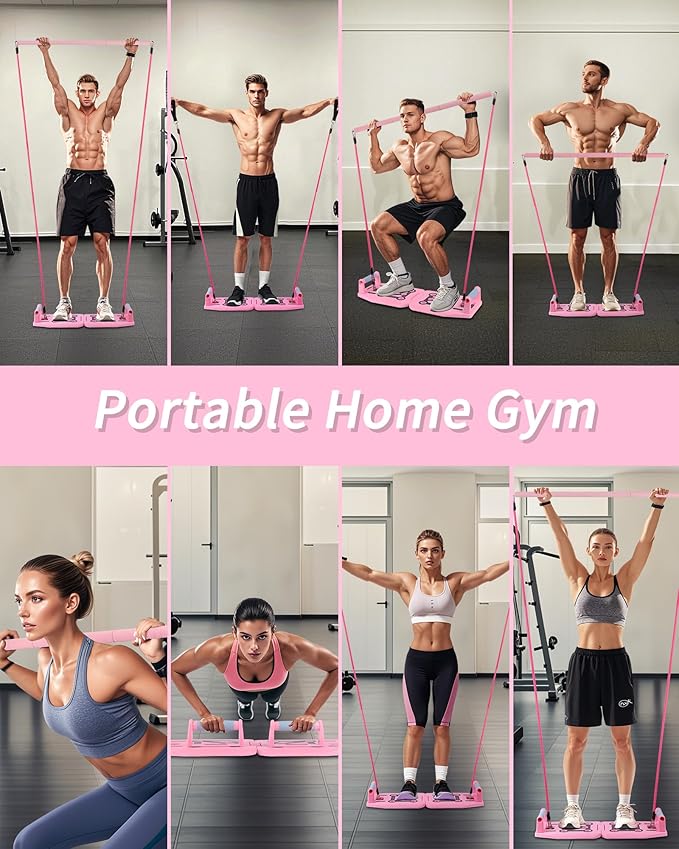 Home Gym Exercise Equipment - Portable Workout System 17 Fitness Accessories 9 in1 Push Up Board Set, Resistance Bands with Pilates Bar Strength Training Abs Shoulders