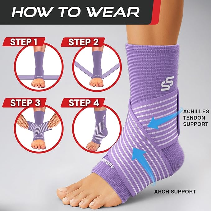 Sleeve Stars Ankle Brace for Women & Men, Ankle Wrap for Sprain, Compression Sleeve for Plantar Fasciitis Relief, Easy Customizable Support: w/ Removable Strap (Pair/M:10"-12"/Light Purple)